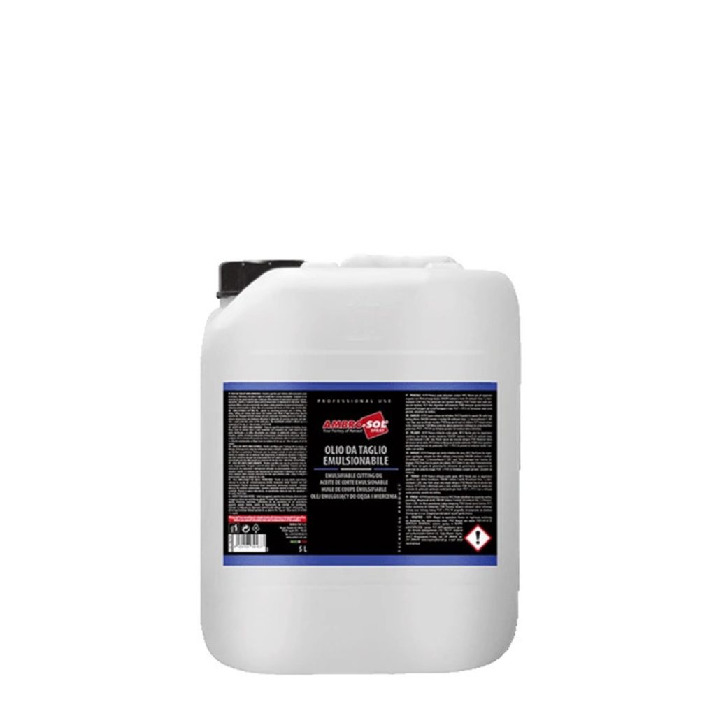 Tanica da 5 litri di olio da taglio emulsionabile Ambro-Sol OL107, vista frontale su fondo bianco