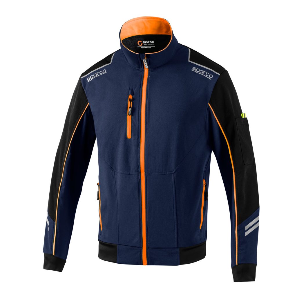 Giubbino softshell Sparco Austin Light-Shell blu marine con inserti neri e dettagli arancio fluo - vista frontale