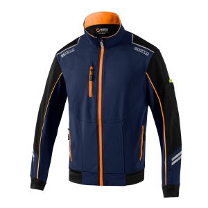 Giubbino softshell Sparco Austin Light-Shell blu marine con inserti neri e dettagli arancio fluo - vista frontale