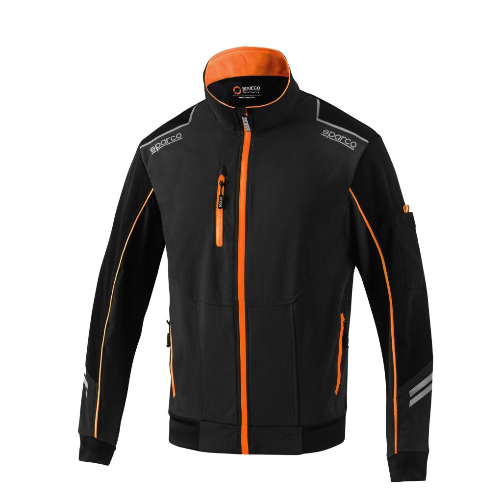 Giubbino softshell Sparco Austin Light-Shell nero con dettagli arancio fluo - vista frontale