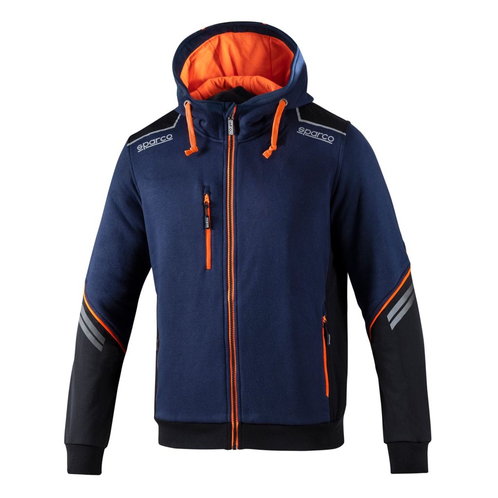 Felpa Sparco Colorado Tech Hooded Full Zip blu marine/arancio fluo - vista frontale