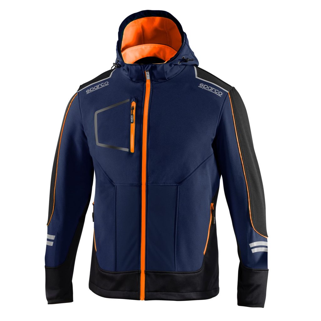 Giubbino softshell Sparco York Soft-Shell Tech blu marine con dettagli arancio fluo - vista frontale con cappuccio