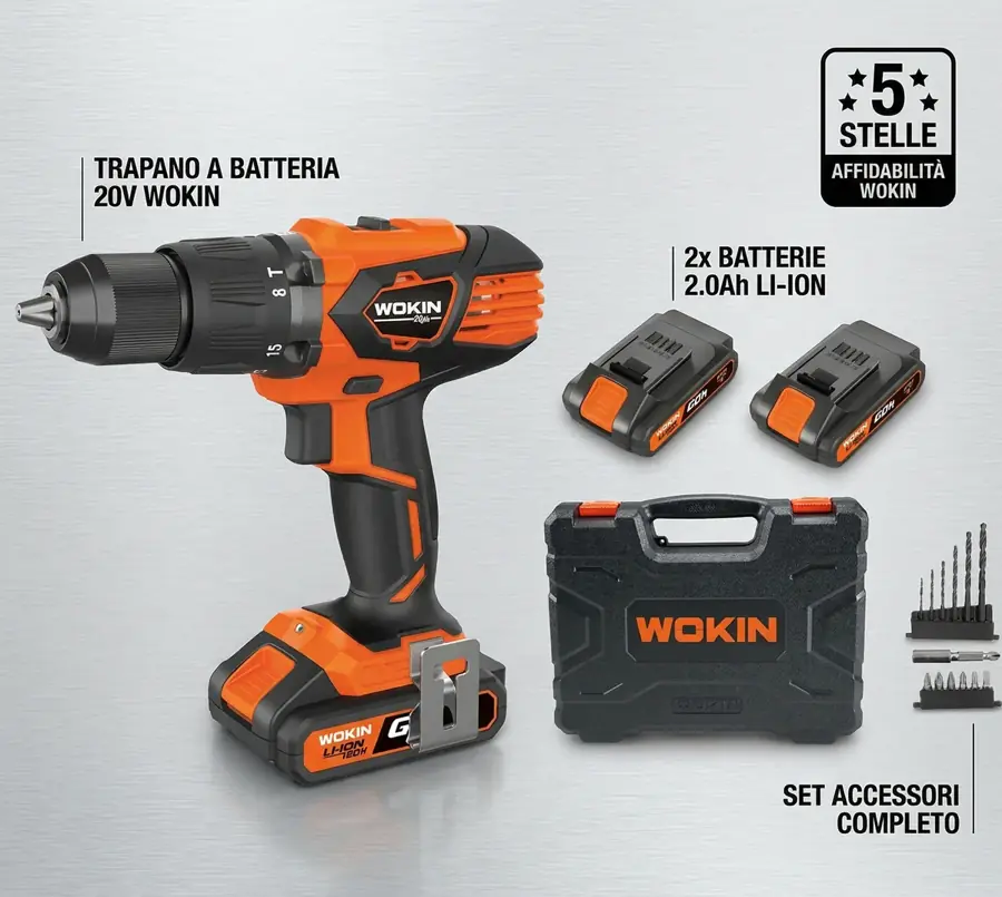 Trapano avvitatore a batteria Wokin GP20V 20V con 2 batterie Li-Ion 2.0Ah, valigetta e set accessori